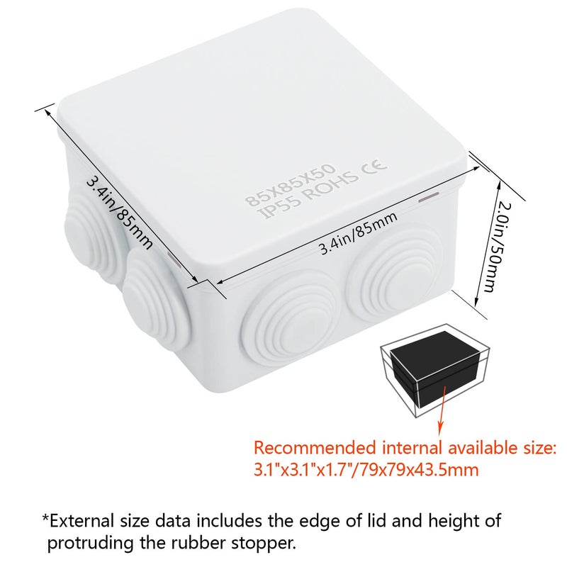 LeMotech ABS Plastic Dustproof Water Resistant IP55 Junction Box Universal Electrical Project Enclosure White 3.4 x 3.4 x 2 inch (85 x 85 x 50 mm) - Image 2